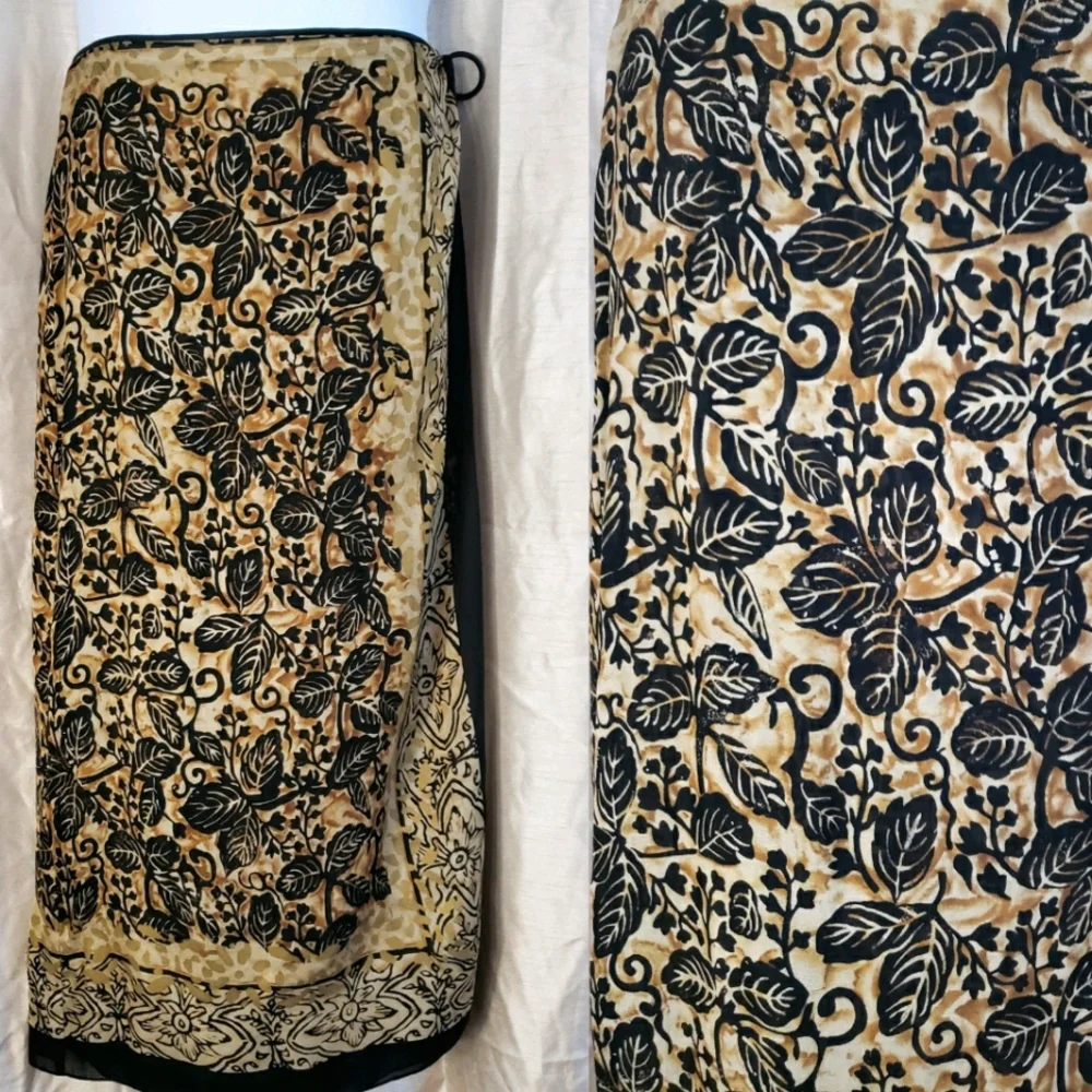 NWOT Dana Buchman black & tan leaf print silk wrap skirt Womens 14